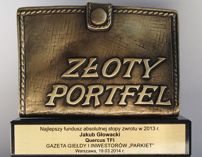 Jakub Głowacki Acer Aggressive FIZ Quercus TFI SA "Złoty Portfel 2013" Quercus TFI statuetka